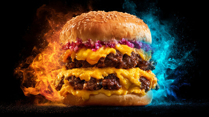 Juicy Double Cheeseburger Explosion with Blue and Orange Flames