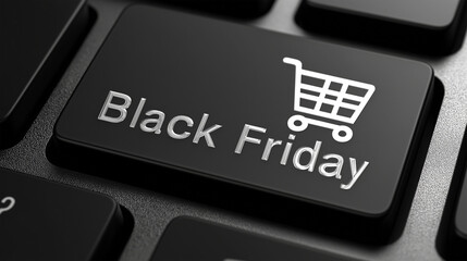 Black Friday Shopping Button: A close-up of a computer keyboard, with a dedicated Black Friday button featuring a shopping cart icon, inviting consumers to participate in the global shopping event.