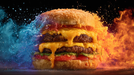 Juicy Double Cheeseburger Explosion with Blue and Orange Flames