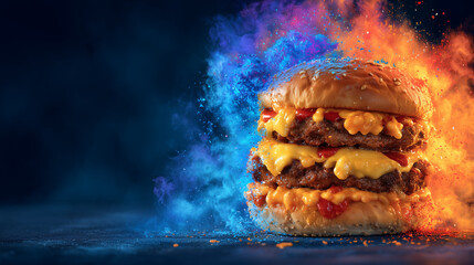 Juicy Double Cheeseburger Explosion with Blue and Orange Flames