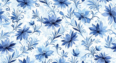 Elegant Blue Floral Pattern: A seamless repeat pattern featuring graceful blue floral design against a subtle backdrop. Evoking a sense of delicacy and timeless beauty, ideal for textiles, wallpaper.