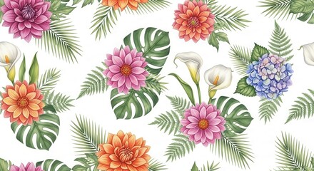 Floral Symphony: A vibrant watercolor illustration blossoms forth, weaving a tapestry of intricate petals, lush foliage, and delicate blooms, embodying nature's artistry.