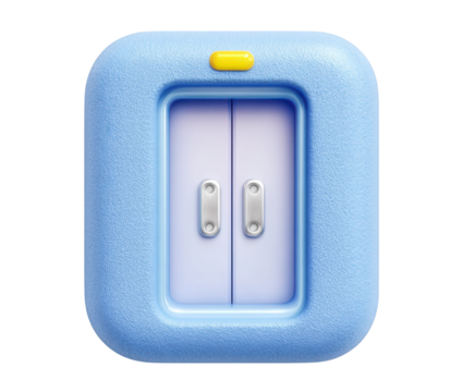 Blue 3D Elevator Icon with Yellow Button and Silver Handles graphic isolated on a transparent background