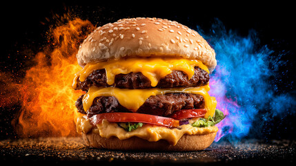 Juicy Double Cheeseburger Explosion with Blue and Orange Flames