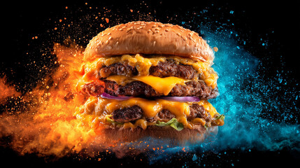 Juicy Double Cheeseburger Explosion with Blue and Orange Flames