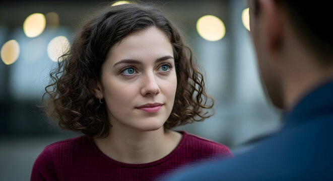 Young woman looking intently at a man thoughtful expression meaningful conversation relationship connection communication romance love trust