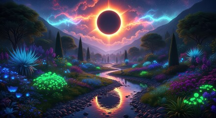 Obraz premium A Mystical Landscape with a Celestial Eclipse and Vibrant Fluorescent Flora reflects in the