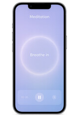 Smartphone showing meditation app with breathe in instruction on transparent background