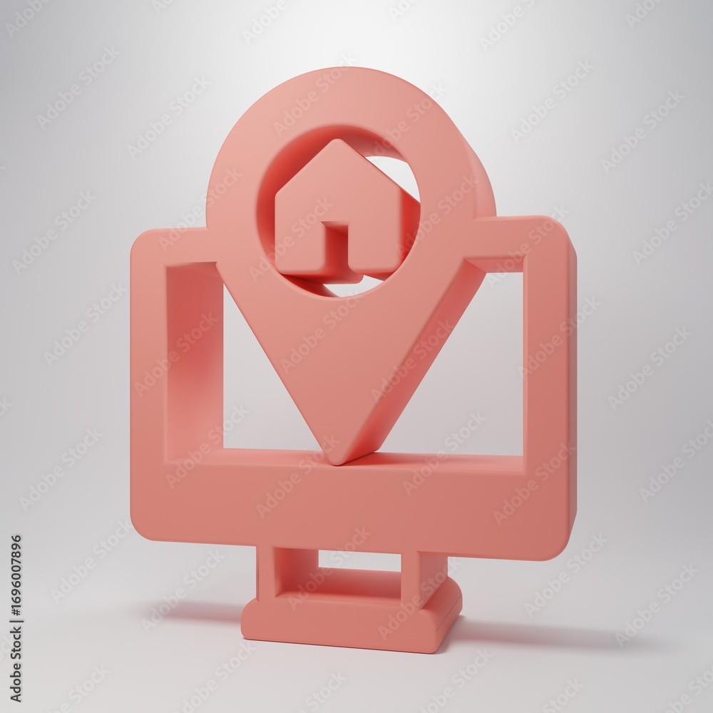 Poster pink computer monitor and folded map with location marker icon isolated on pink background. minimali