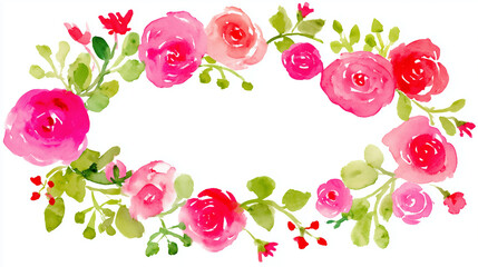 Naklejka premium Delicate watercolor floral wreath featuring pink roses, softly illuminated with elegant composition.