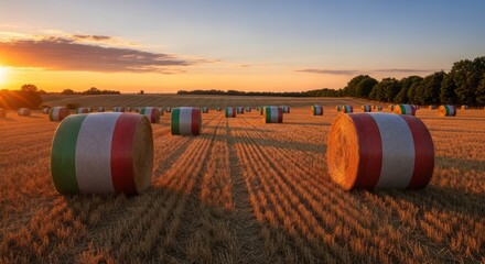 Italian Harvest: Golden Sunset Over Hay Bale Field Representing Agriculture and Countryside Charm