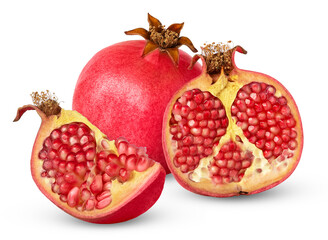 Ripe fresh pomegranate with half and chunk isolated. Piece of pomegranate fruit isolated,