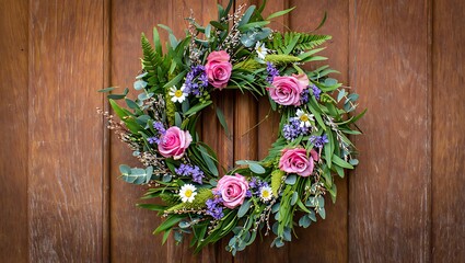 Beautiful handmade floral wreath with pink roses and green foliage hanging on a rustic wooden door