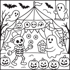 Halloween spooky cuties coloring pages for teens and adults. Black and white coloring pages for Amazon KDP with color in this image.