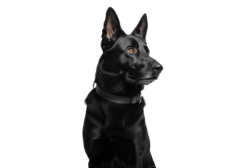 A majestic deep black adult German Shepherd dog with glossy fur and silver muzzle markings, wearing a tactical collar, standing vigilant on a transparent studio background, concept of K9 duty