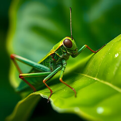Fototapeta premium Close-up macro detail of a stunningly colorful grasshopper, a vibrant insect of nature's wildlife.
