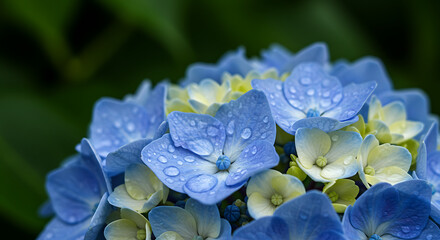 Macro photograph of delicate blue hydrangea petals adorned with glistening water drops after a refreshing rain shower in a lush garden