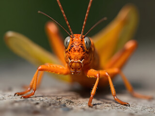 Close-up macro detail of a stunningly colorful grasshopper, a vibrant insect of nature's wildlife.