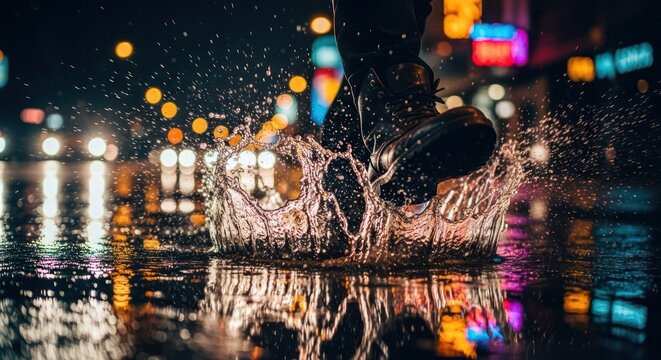 Capturing the exhilarating moment of a boot splashing through a puddle in a vibrant city street at