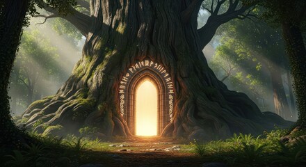 Mystical ancient tree with illuminated portal hinting at fantasy forest realm entrance