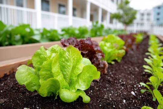 Close-up of vibrant green and red leaf lettuce growing in a raised garden bed, covered in fresh water droplets. Blurred residential buildings and a white fence are visible in the background.
