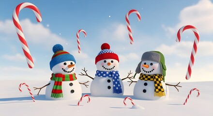 Fototapeta premium Snowmen with scarves and hats, smiling as candy canes fall from the sky.
