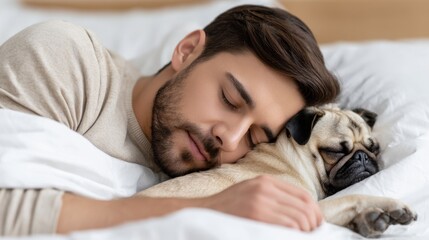 A peaceful image showing a bearded man and a cute pug dog sleeping soundly together in a cozy bed with white linens.