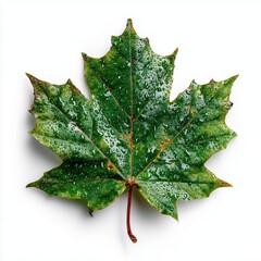 Fototapeta premium Detailed green maple leaf with water droplets on white background