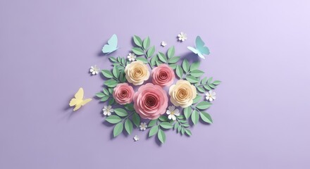 Floral Whispers: A vibrant composition of paper roses and delicately crafted butterflies rest upon a soft lavender backdrop. The image evokes a sense of peace, beauty.