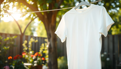 A clean white t-shirt hangs on a clothesline in a sunlit backyard, with lush green trees and colorful flowers in the background.