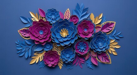 Floral Fantasy: An eye-level shot showcases intricate paper flowers in striking colors. Gold and purple add glamour to a vibrant scene.