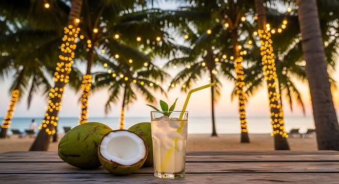 Tropical beach escape with coconut cocktail under glowing palm trees