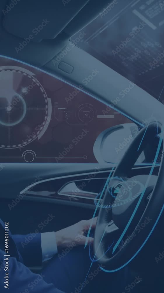 Poster animation of information displays with man using self driving car
