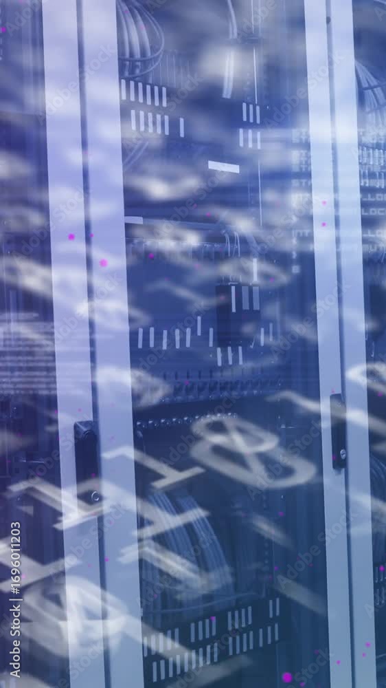 Poster animation of binary coding numbers changing over tech room with computer servers