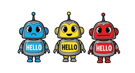Robotic Emotions: A colorful trio of cartoon robots, each expressing a unique emotion, from sadness to joy, symbolizing the diverse facets of artificial intelligence.