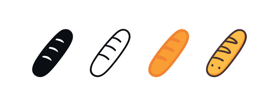 Vector icon baguette bread same pose same proportions four styles black solid glyph outline minimal flat multicolor filled cartoon flat shaded.