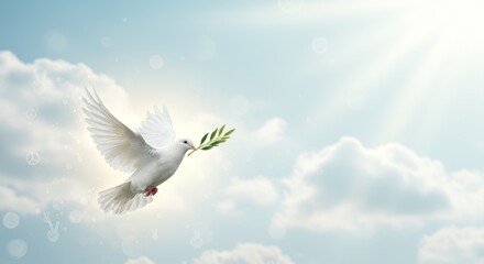 Dove of Peace Flying with Olive Branch Against Serene Blue Sky