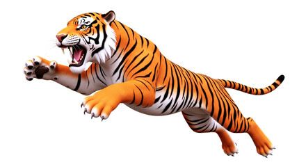 Fototapeta premium majestic bengal tiger in a powerful leap 3d render of a fearless hunter, isolated on transparent background