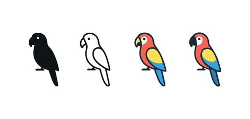 Vector icon macaw parrot same pose same proportions four styles black solid glyph outline minimal flat multicolor filled cartoon flat shaded.