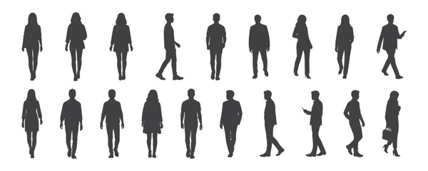 Architectural Drawings  modern people walking in various directions silhouette vector illustration,  front and side views, human person Minimal style hand drawn. Sections, Elevations, Floor Plans
