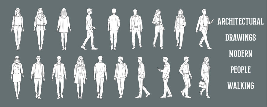 Architectural Drawings  modern people walking in various directions vector illustration,  front and side views, human person Minimal style hand drawn. Sections, Elevations, Floor Plans