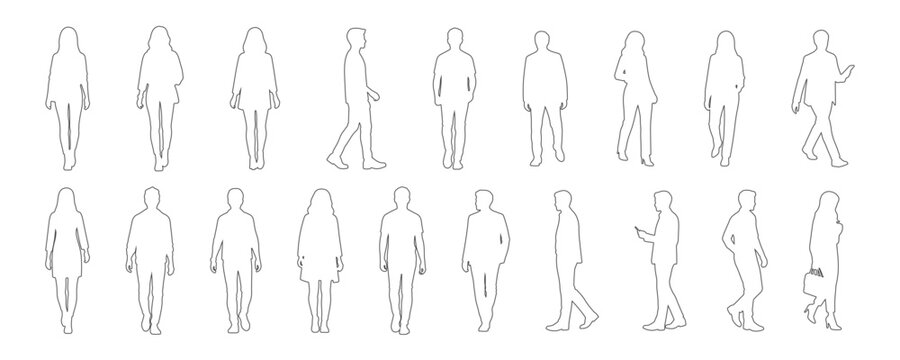 Architectural Drawings  modern people walking in various directions outline vector illustration,  front and side views, human person Minimal style hand drawn. Sections, Elevations, Floor Plans