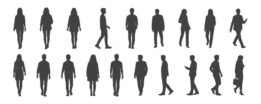 Architectural Drawings  modern people walking in various directions silhouette vector illustration,  front and side views, human person Minimal style hand drawn. Sections, Elevations, Floor Plans
