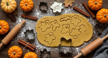 Delightful halloween baking preparation scene with cookie dough and pumpkins
