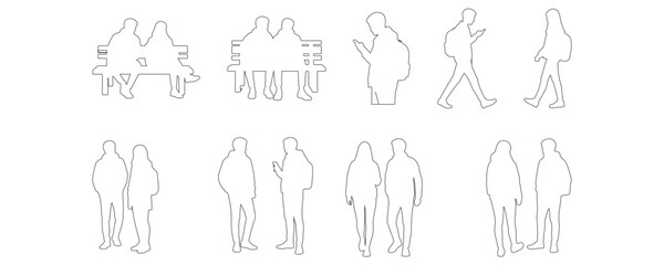 Architectural Drawings students and young people with backpacks, sitting, walking, and standing, casual fashion outline vector illustration, front view, human person Minimal style hand drawn.