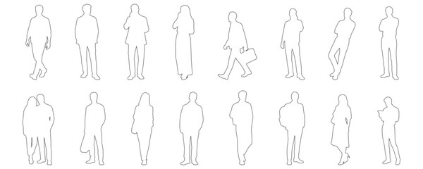 Architectural Drawings modern people standing in various casual and professional poses outline vector illustration, front view, human person Minimal style hand drawn. Sections, Elevations, Floor Plans