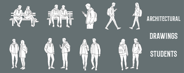 Architectural Drawings students and young people with backpacks, sitting, walking, and standing, casual fashion vector illustration, front view, human person Minimal style hand drawn. 