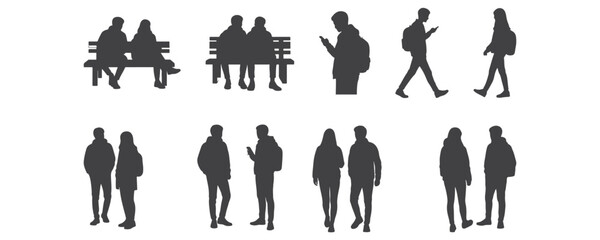 Architectural Drawings students and young people with backpacks, sitting, walking, and standing, casual fashion silhouette vector illustration, front view, human person Minimal style hand drawn. 