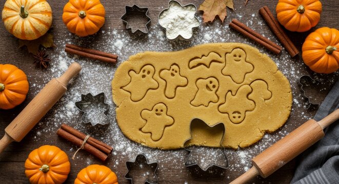 Delightful halloween baking preparation scene with cookie dough and pumpkins - Powered by Adobe