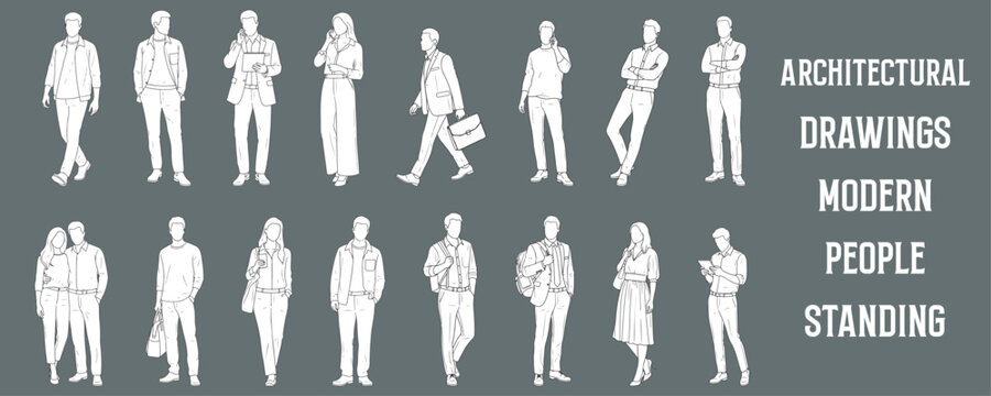 Architectural Drawings modern people standing in various casual and professional poses vector illustration, front view, human person Minimal style hand drawn. Sections, Elevations, Floor Plans